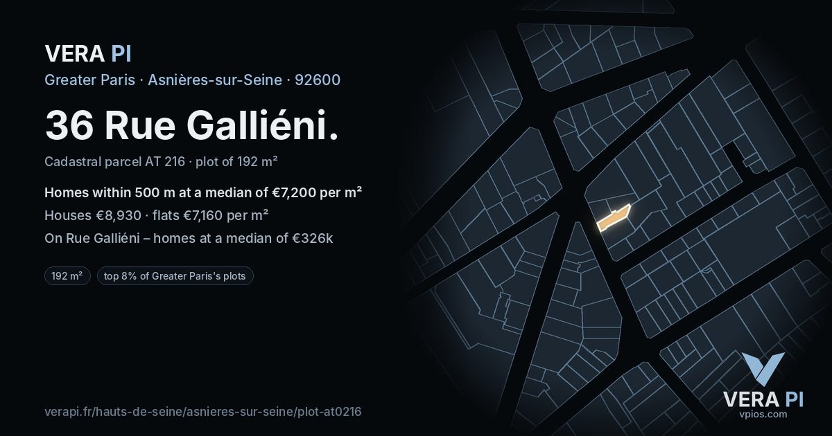 36 Rue Galliéni, Asnières-sur-Seine at night – the plot lit, the parcels around coloured by the prices near them