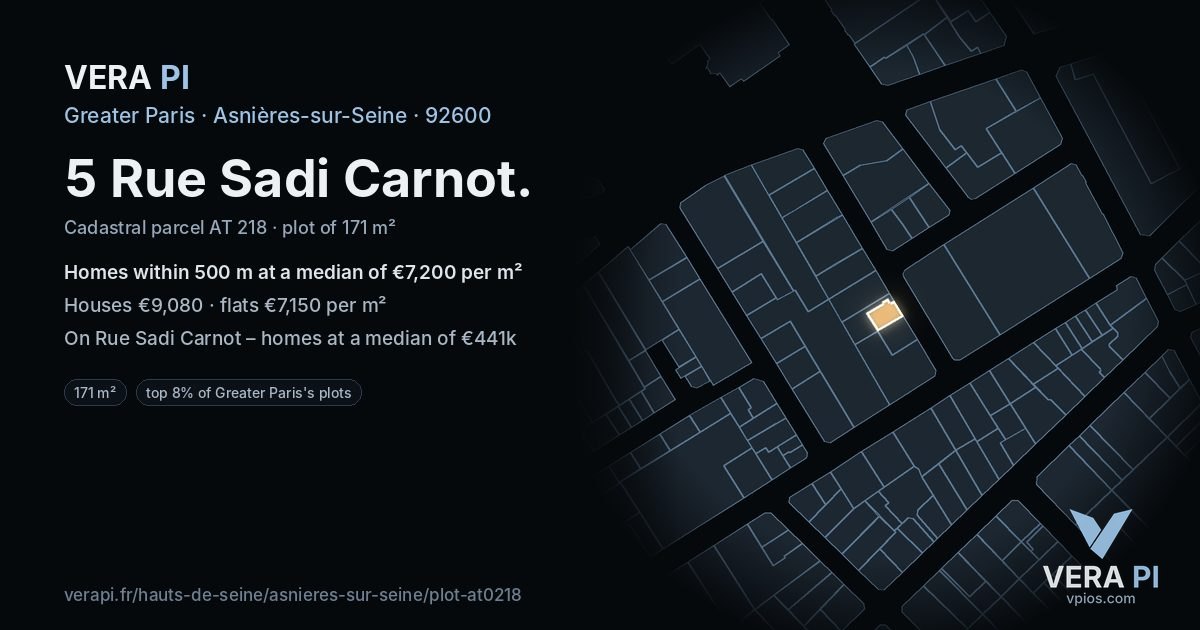 5 Rue Sadi Carnot, Asnières-sur-Seine at night – the plot lit, the parcels around coloured by the prices near them