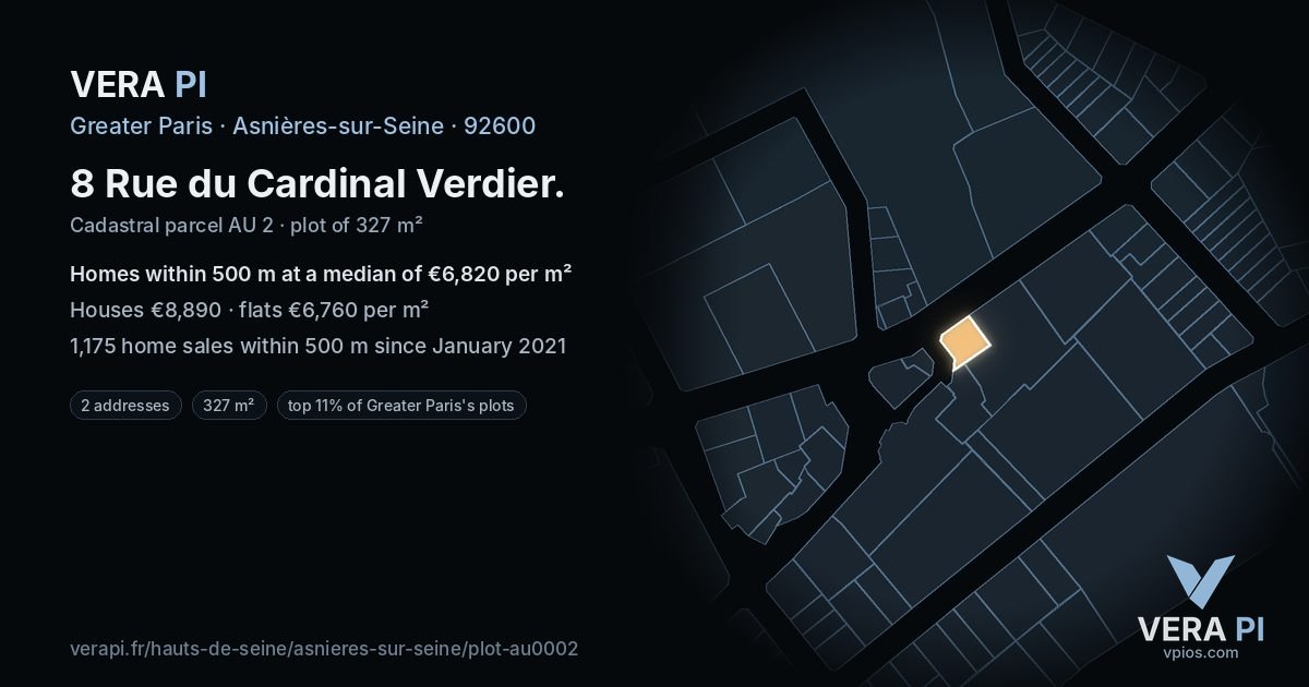 8 Rue du Cardinal Verdier, Asnières-sur-Seine at night – the plot lit, the parcels around coloured by the prices near them