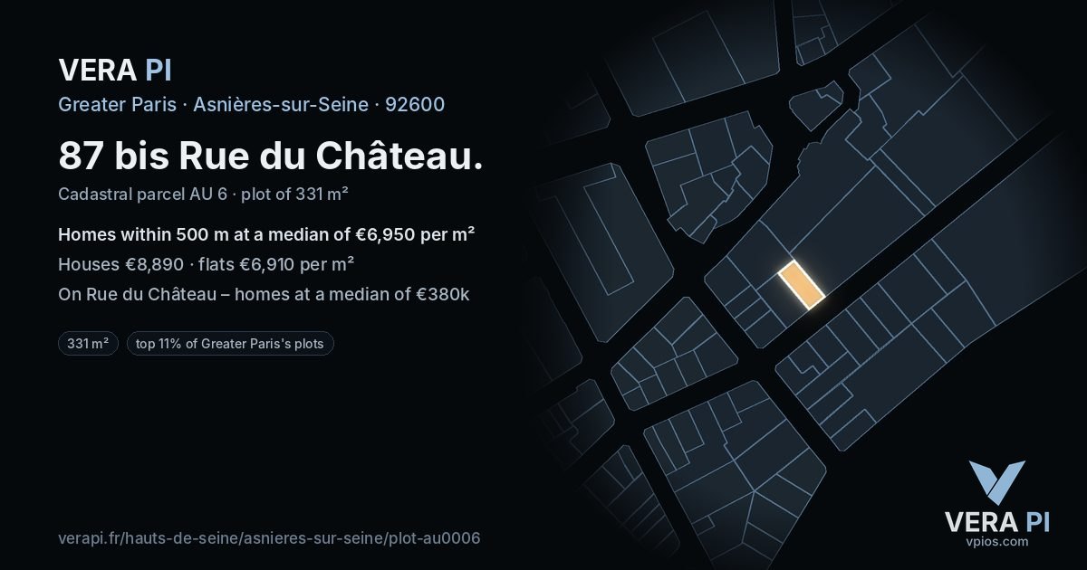 87 bis Rue du Château, Asnières-sur-Seine at night – the plot lit, the parcels around coloured by the prices near them