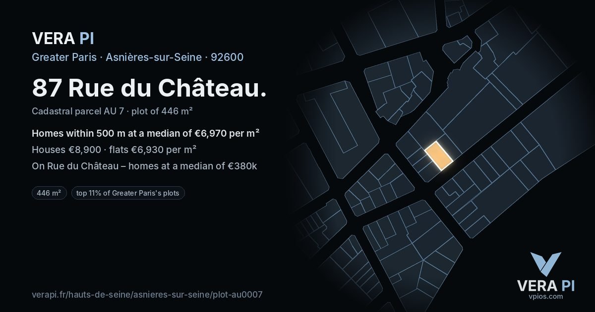 87 Rue du Château, Asnières-sur-Seine at night – the plot lit, the parcels around coloured by the prices near them