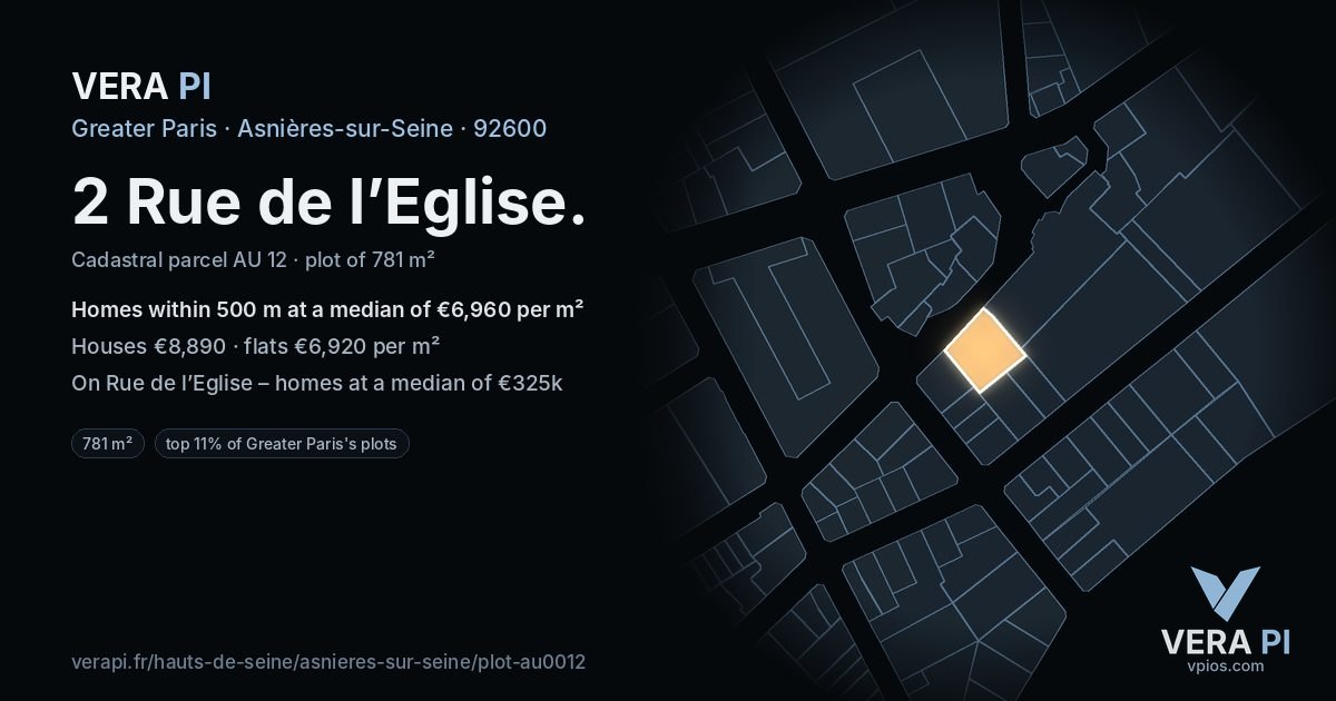 2 Rue de l’Eglise, Asnières-sur-Seine at night – the plot lit, the parcels around coloured by the prices near them
