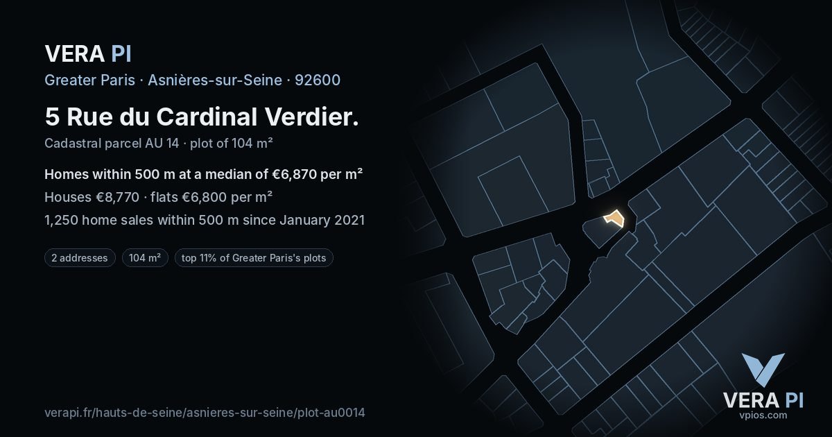 5 Rue du Cardinal Verdier, Asnières-sur-Seine at night – the plot lit, the parcels around coloured by the prices near them