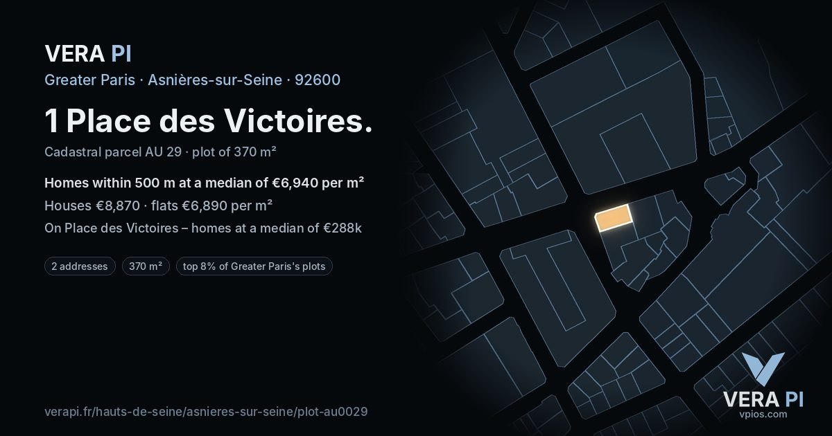 1 Place des Victoires, Asnières-sur-Seine at night – the plot lit, the parcels around coloured by the prices near them