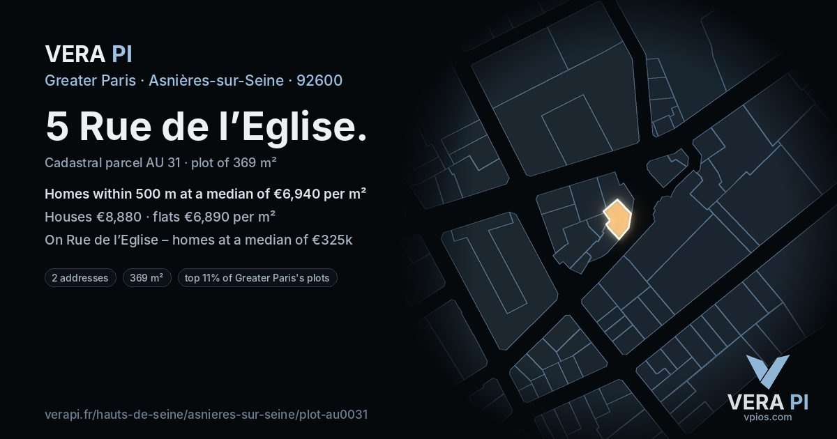 5 Rue de l’Eglise, Asnières-sur-Seine at night – the plot lit, the parcels around coloured by the prices near them