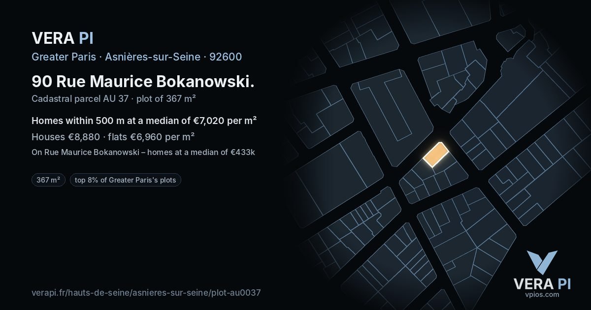 90 Rue Maurice Bokanowski, Asnières-sur-Seine at night – the plot lit, the parcels around coloured by the prices near them