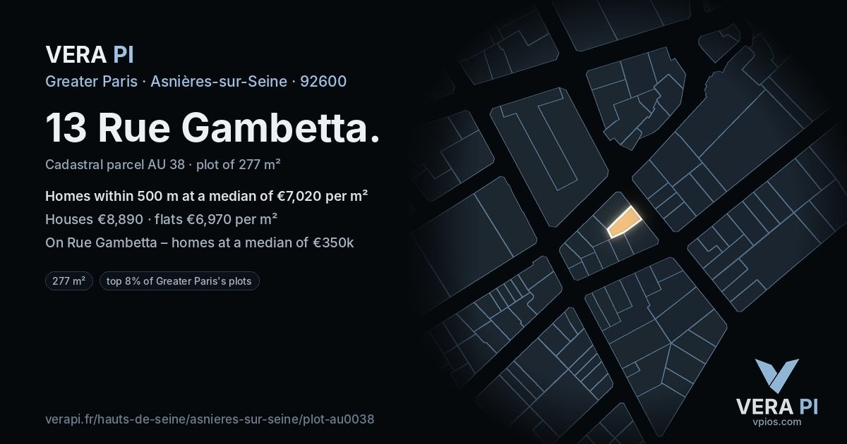 13 Rue Gambetta, Asnières-sur-Seine at night – the plot lit, the parcels around coloured by the prices near them