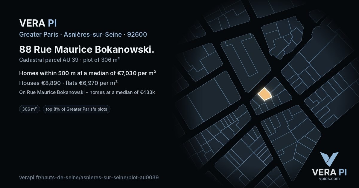 88 Rue Maurice Bokanowski, Asnières-sur-Seine at night – the plot lit, the parcels around coloured by the prices near them