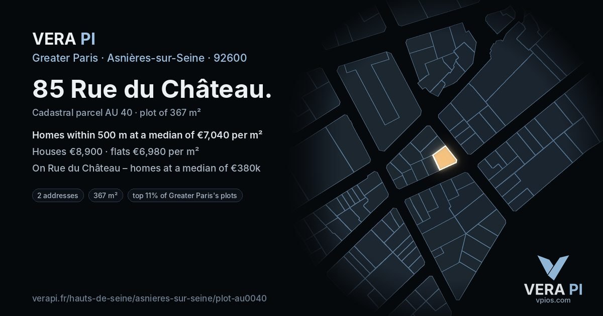 85 Rue du Château, Asnières-sur-Seine at night – the plot lit, the parcels around coloured by the prices near them