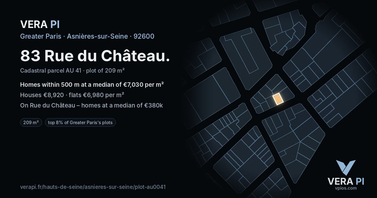 83 Rue du Château, Asnières-sur-Seine at night – the plot lit, the parcels around coloured by the prices near them