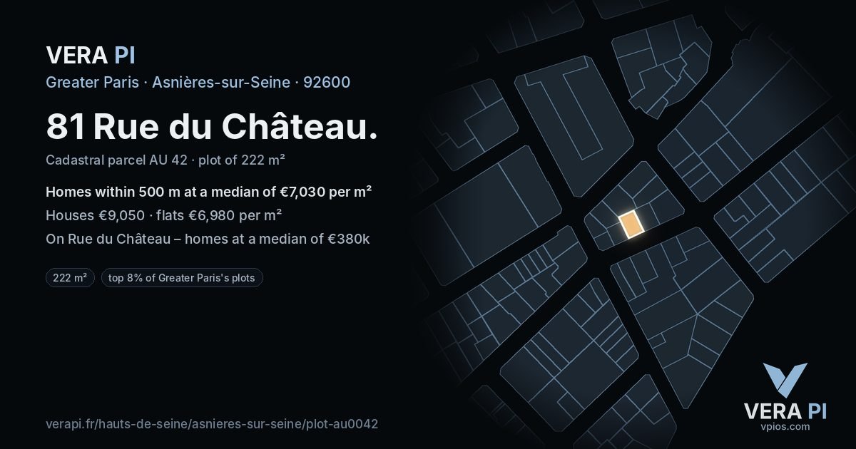 81 Rue du Château, Asnières-sur-Seine at night – the plot lit, the parcels around coloured by the prices near them