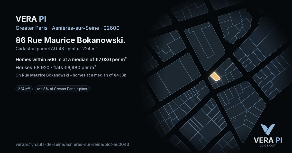 86 Rue Maurice Bokanowski, Asnières-sur-Seine at night – the plot lit, the parcels around coloured by the prices near them