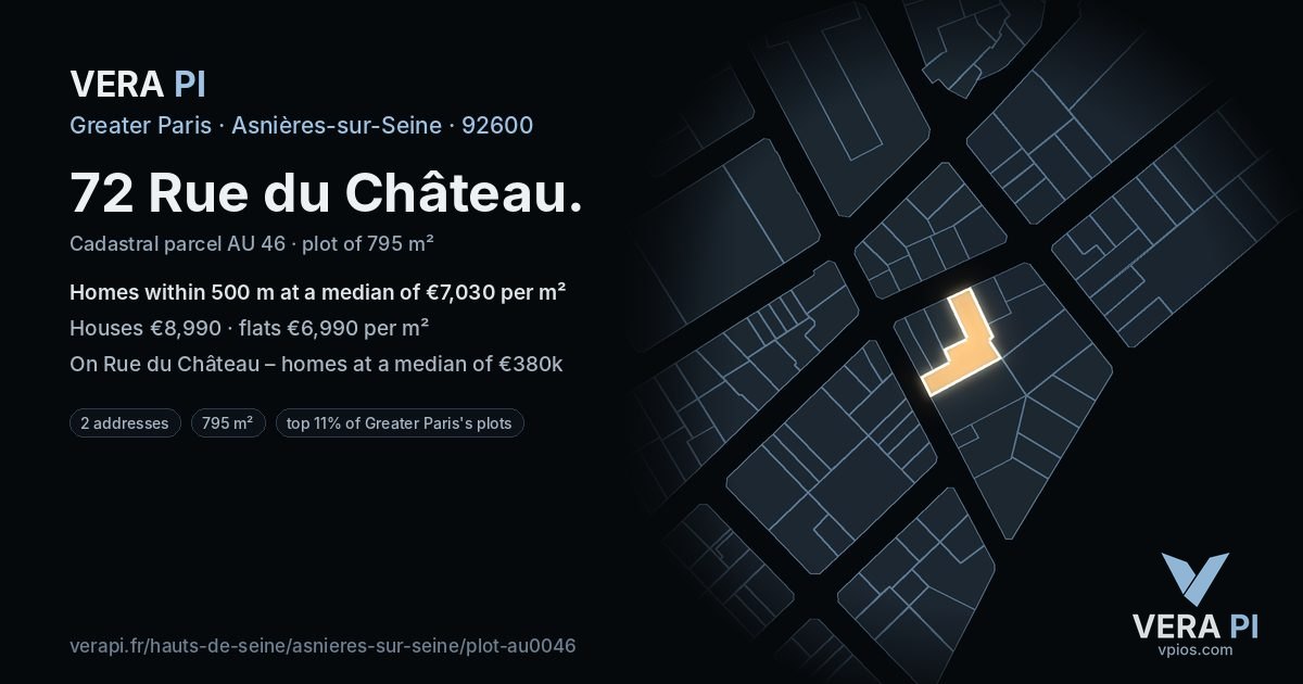 72 Rue du Château, Asnières-sur-Seine at night – the plot lit, the parcels around coloured by the prices near them
