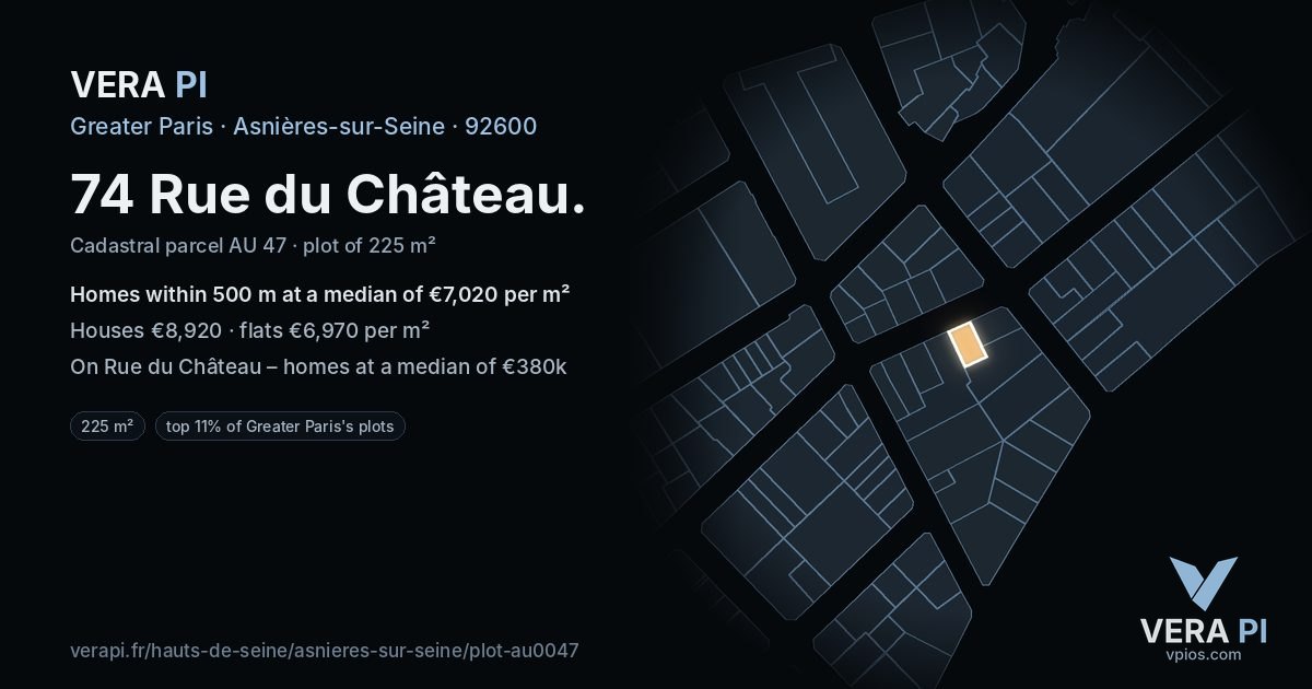 74 Rue du Château, Asnières-sur-Seine at night – the plot lit, the parcels around coloured by the prices near them