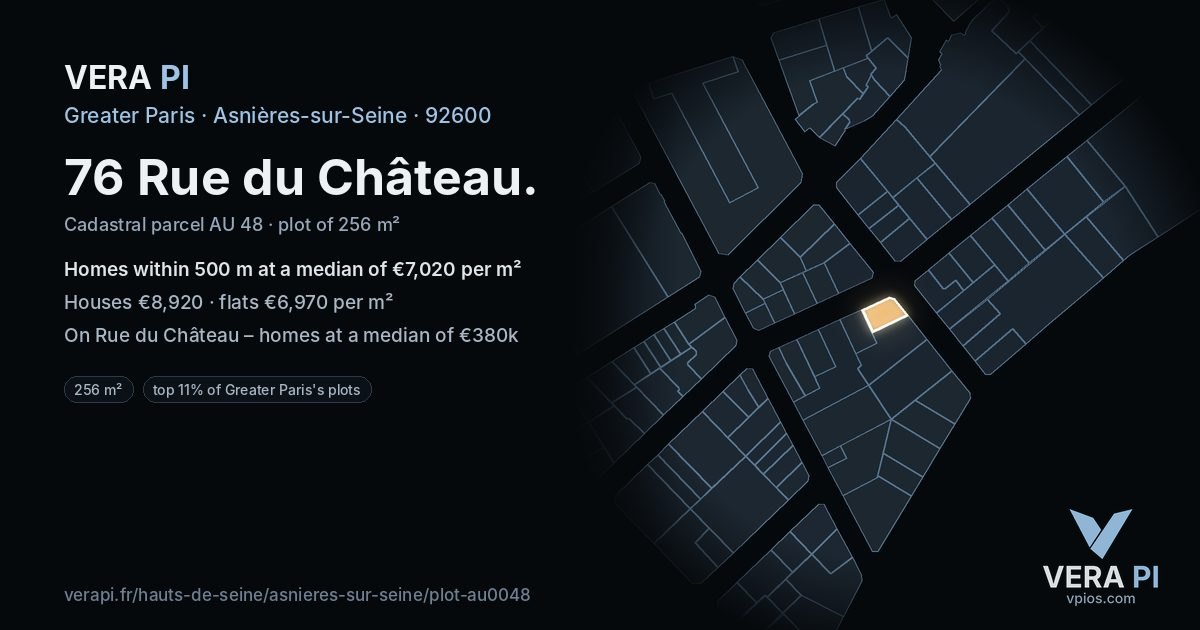 76 Rue du Château, Asnières-sur-Seine at night – the plot lit, the parcels around coloured by the prices near them