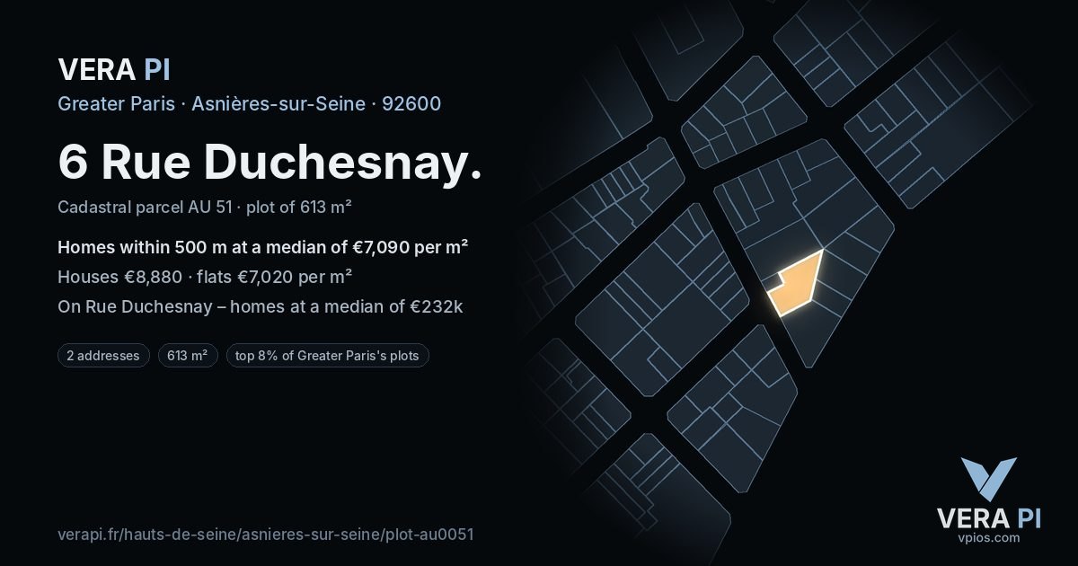 6 Rue Duchesnay, Asnières-sur-Seine at night – the plot lit, the parcels around coloured by the prices near them