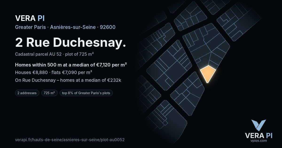 2 Rue Duchesnay, Asnières-sur-Seine at night – the plot lit, the parcels around coloured by the prices near them