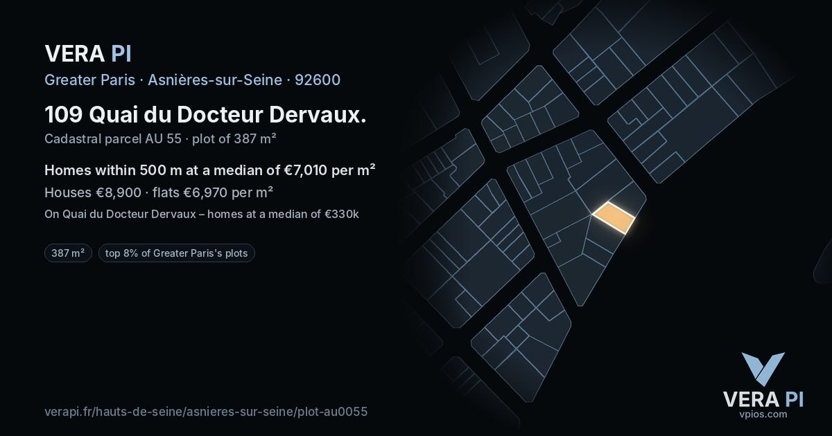 109 Quai du Docteur Dervaux, Asnières-sur-Seine at night – the plot lit, the parcels around coloured by the prices near them