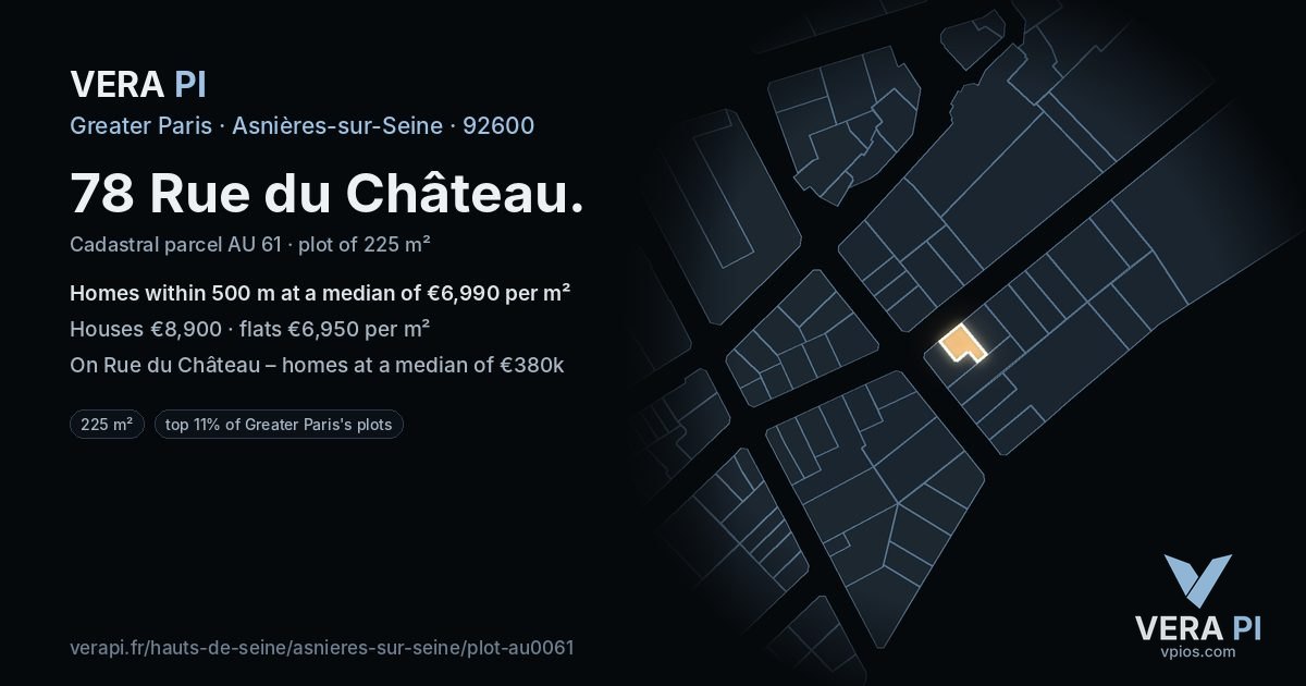 78 Rue du Château, Asnières-sur-Seine at night – the plot lit, the parcels around coloured by the prices near them