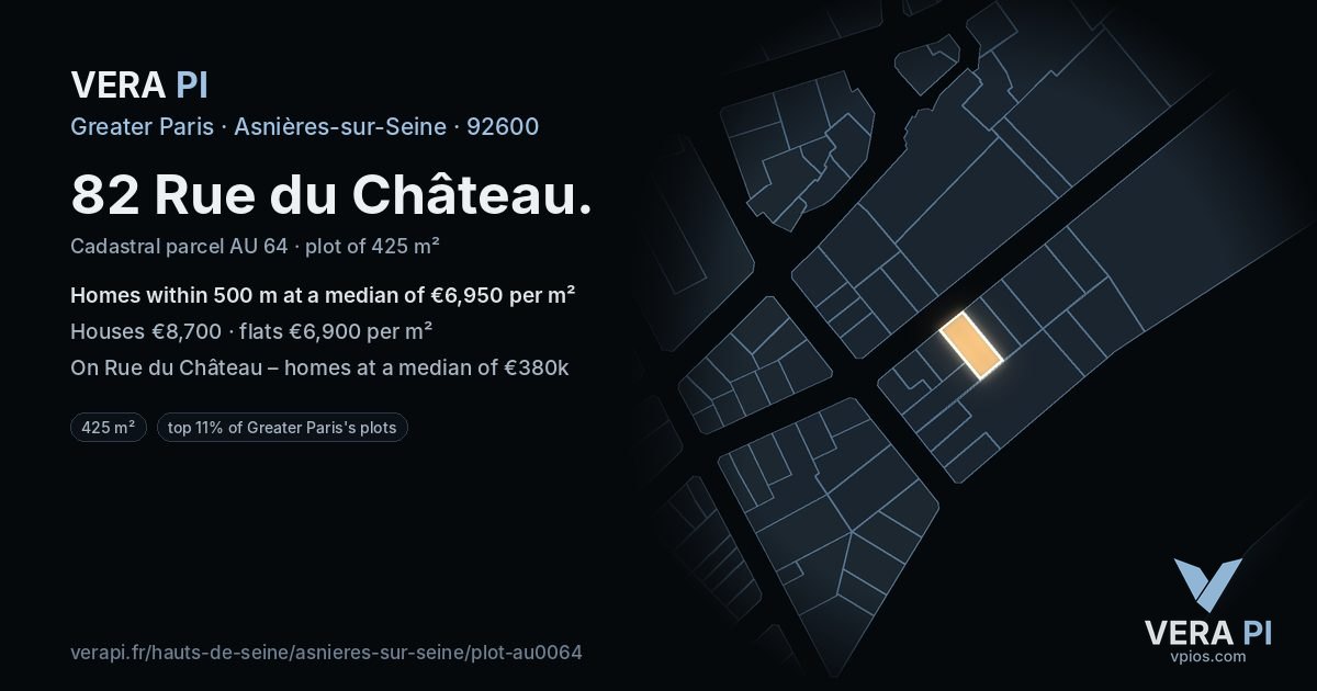82 Rue du Château, Asnières-sur-Seine at night – the plot lit, the parcels around coloured by the prices near them