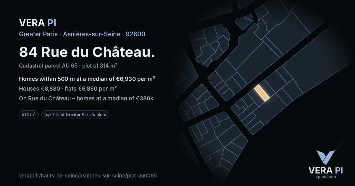 84 Rue du Château, Asnières-sur-Seine at night – the plot lit, the parcels around coloured by the prices near them