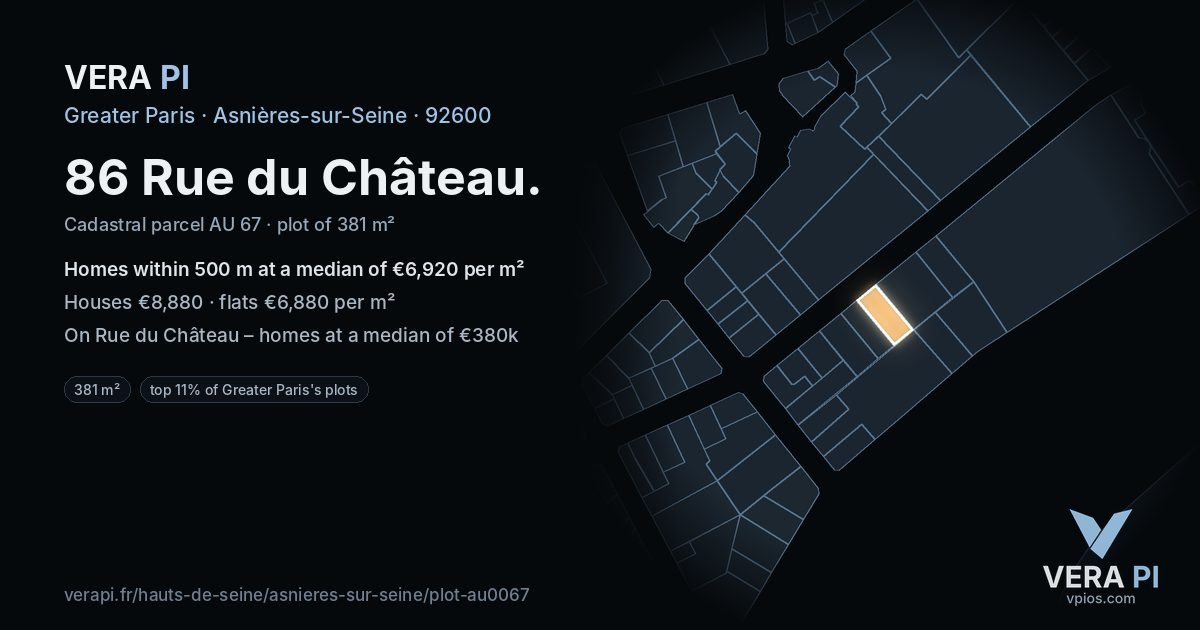 86 Rue du Château, Asnières-sur-Seine at night – the plot lit, the parcels around coloured by the prices near them