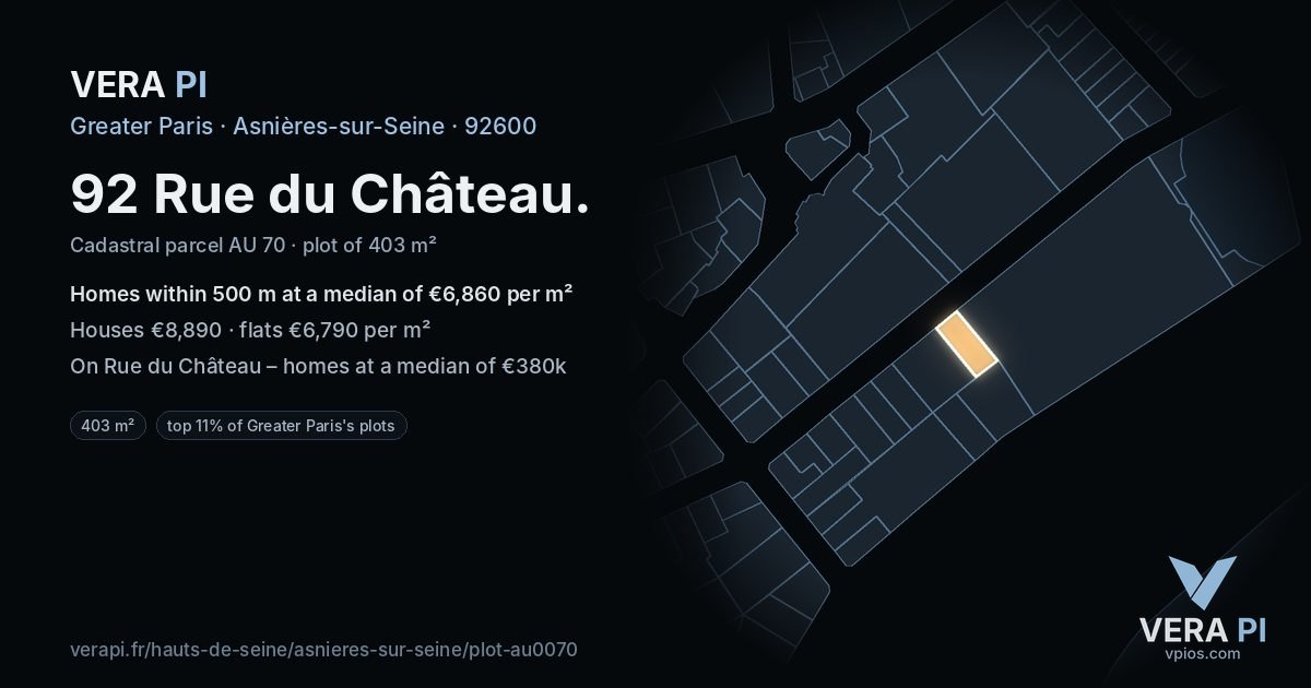 92 Rue du Château, Asnières-sur-Seine at night – the plot lit, the parcels around coloured by the prices near them