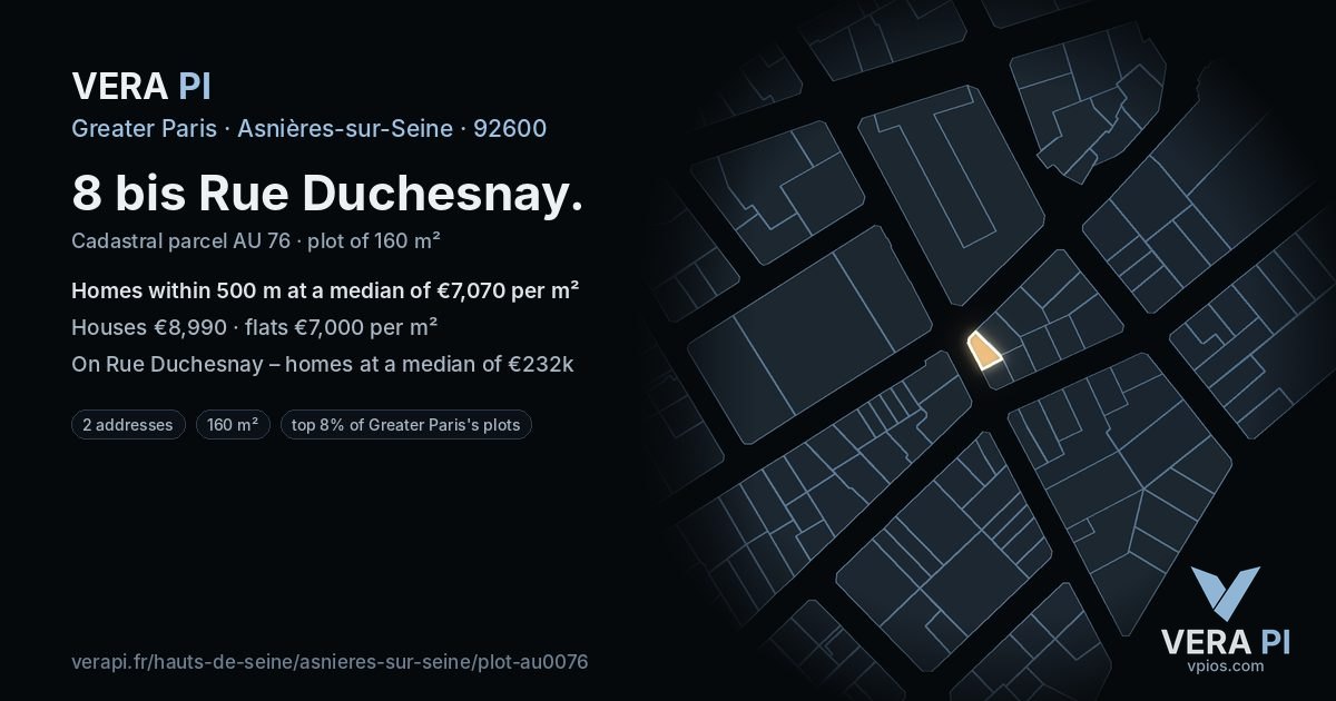 8 bis Rue Duchesnay, Asnières-sur-Seine at night – the plot lit, the parcels around coloured by the prices near them