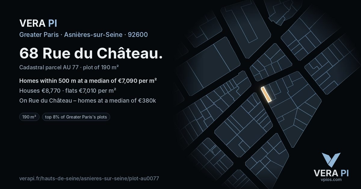 68 Rue du Château, Asnières-sur-Seine at night – the plot lit, the parcels around coloured by the prices near them