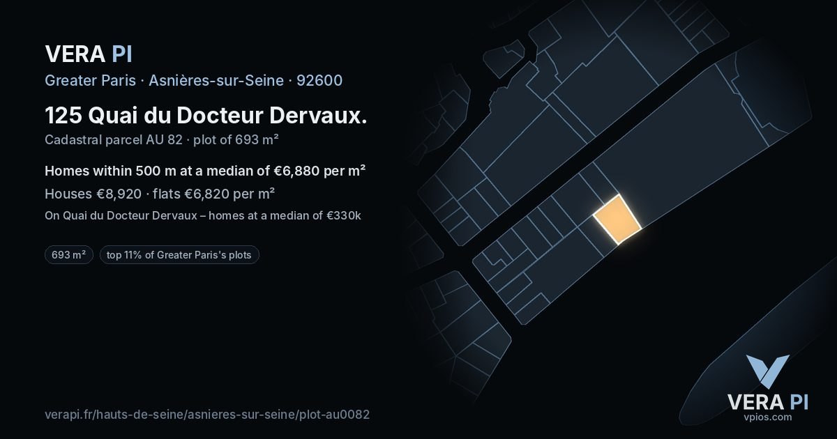 125 Quai du Docteur Dervaux, Asnières-sur-Seine at night – the plot lit, the parcels around coloured by the prices near them