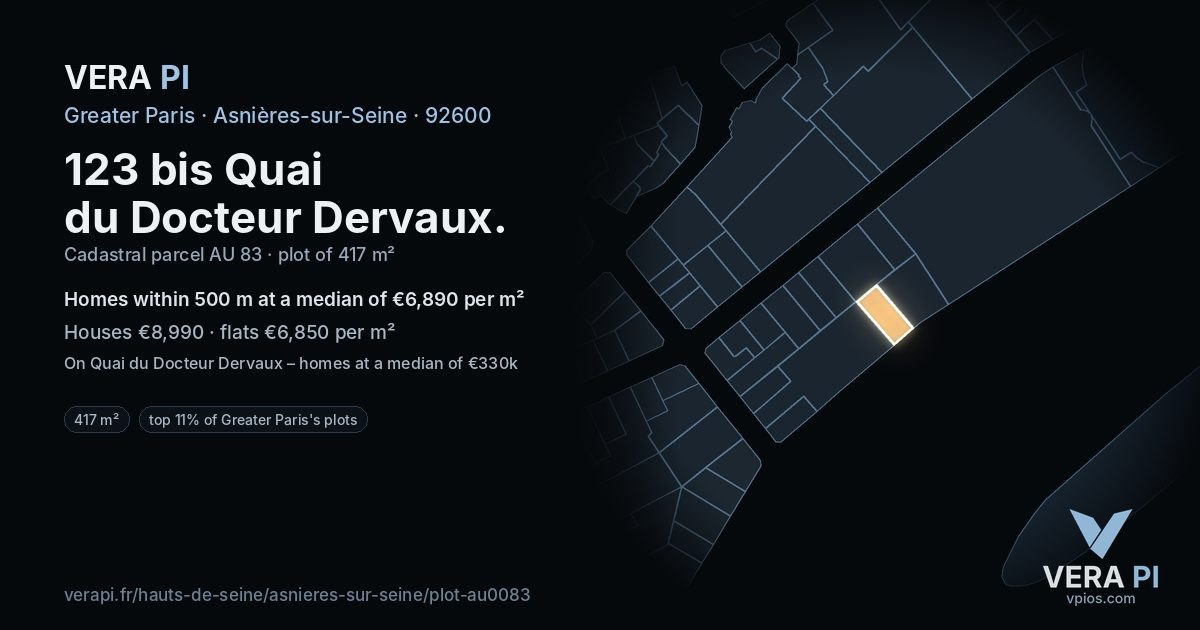 123 bis Quai du Docteur Dervaux, Asnières-sur-Seine at night – the plot lit, the parcels around coloured by the prices near them