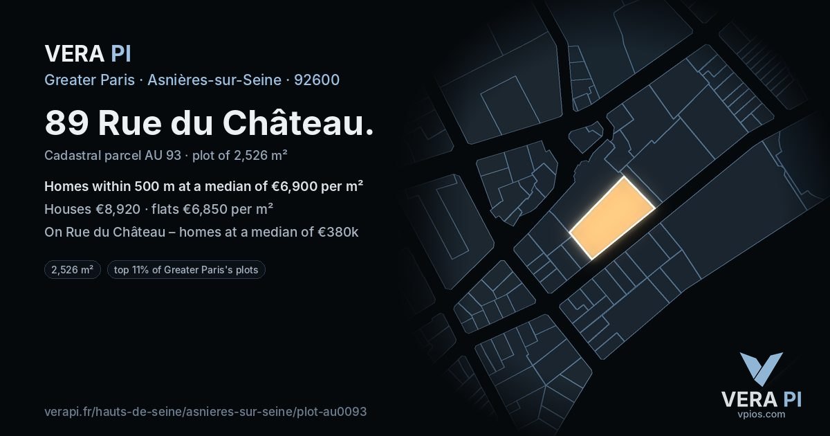89 Rue du Château, Asnières-sur-Seine at night – the plot lit, the parcels around coloured by the prices near them