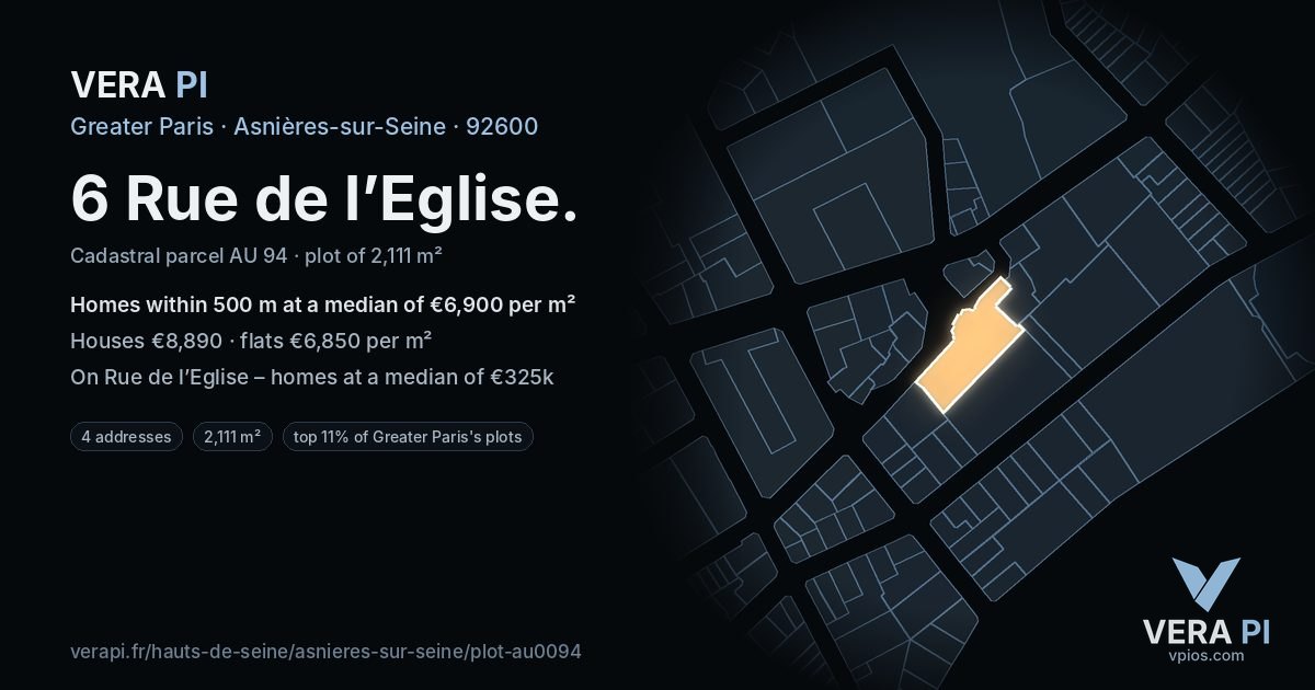 6 Rue de l’Eglise, Asnières-sur-Seine at night – the plot lit, the parcels around coloured by the prices near them
