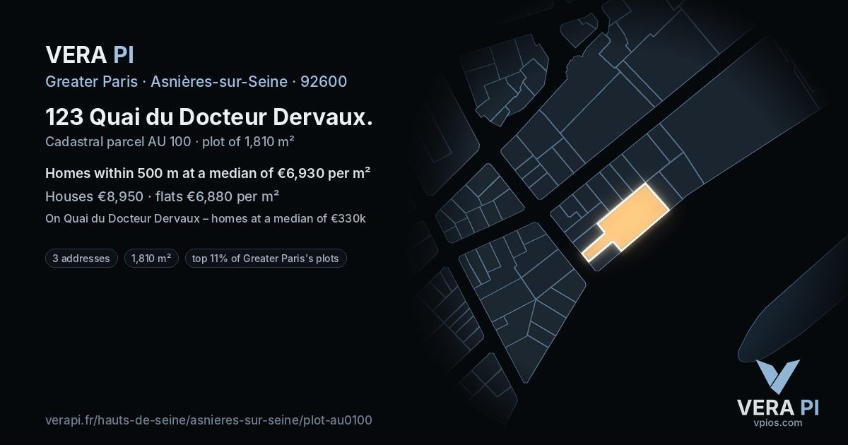 123 Quai du Docteur Dervaux, Asnières-sur-Seine at night – the plot lit, the parcels around coloured by the prices near them