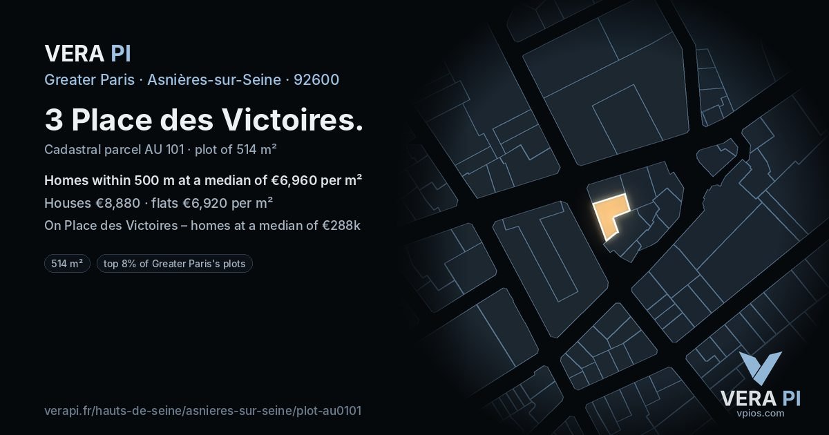 3 Place des Victoires, Asnières-sur-Seine at night – the plot lit, the parcels around coloured by the prices near them