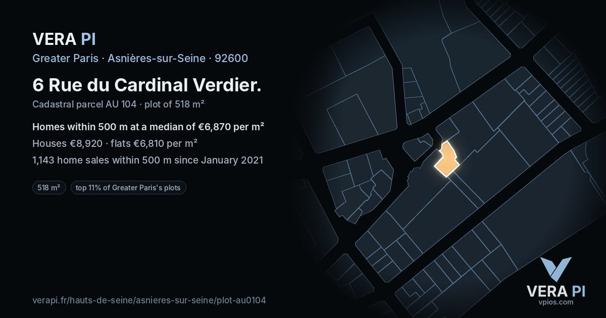 6 Rue du Cardinal Verdier, Asnières-sur-Seine at night – the plot lit, the parcels around coloured by the prices near them