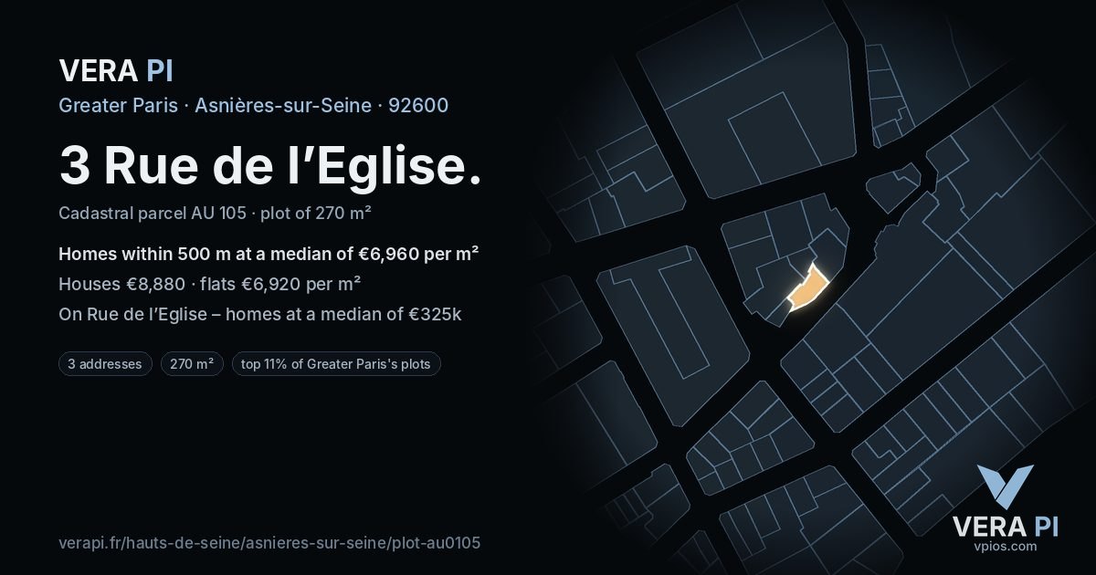 3 Rue de l’Eglise, Asnières-sur-Seine at night – the plot lit, the parcels around coloured by the prices near them