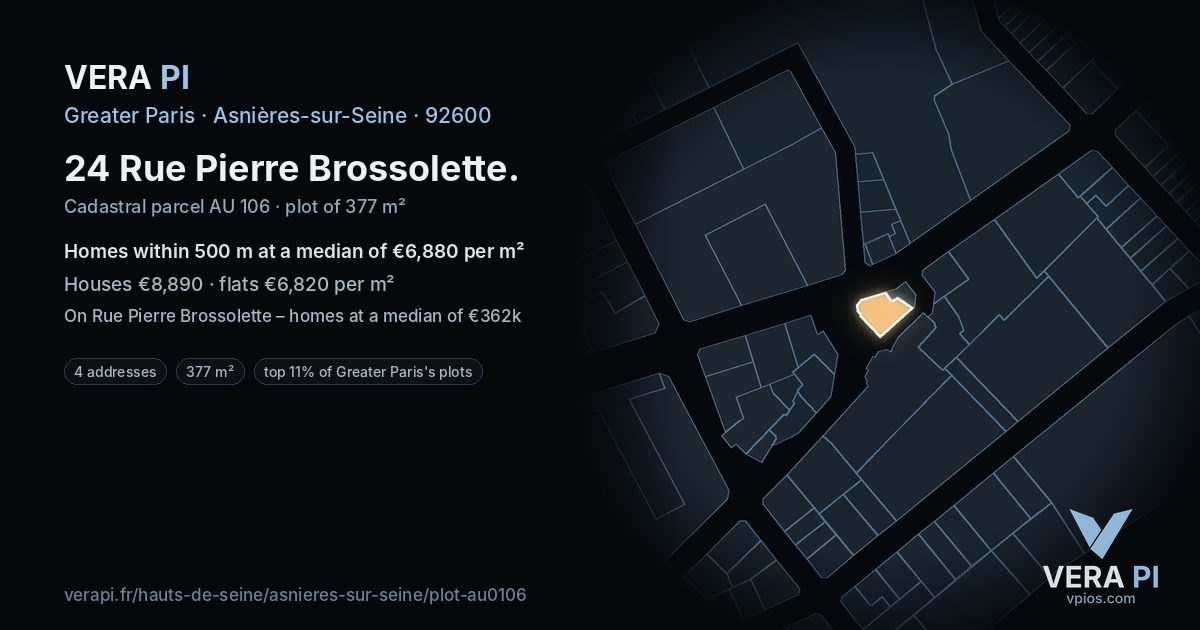 24 Rue Pierre Brossolette, Asnières-sur-Seine at night – the plot lit, the parcels around coloured by the prices near them