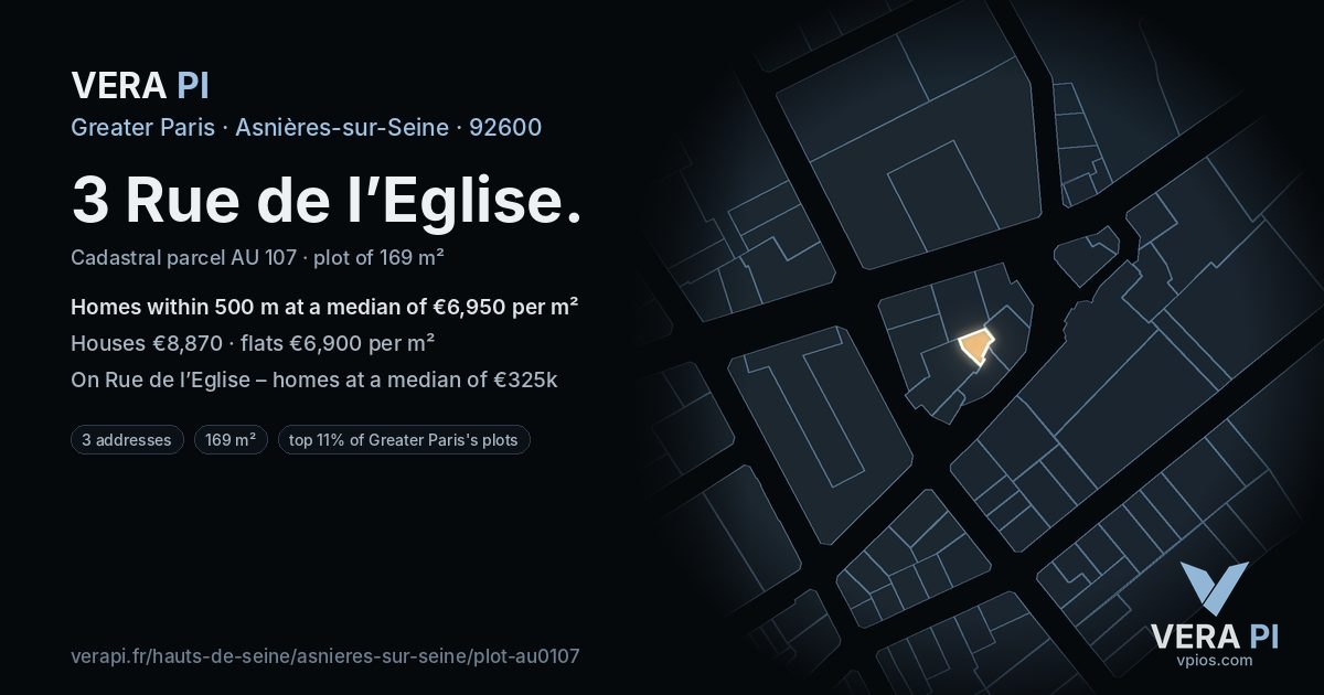 3 Rue de l’Eglise, Asnières-sur-Seine at night – the plot lit, the parcels around coloured by the prices near them