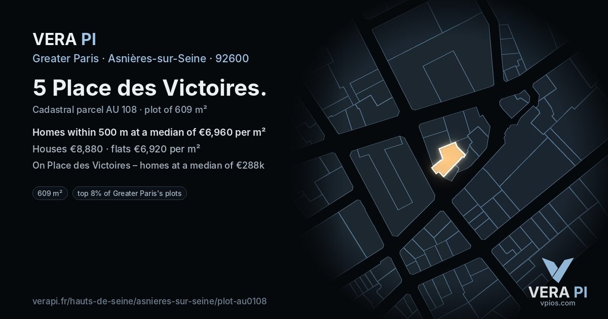 5 Place des Victoires, Asnières-sur-Seine at night – the plot lit, the parcels around coloured by the prices near them