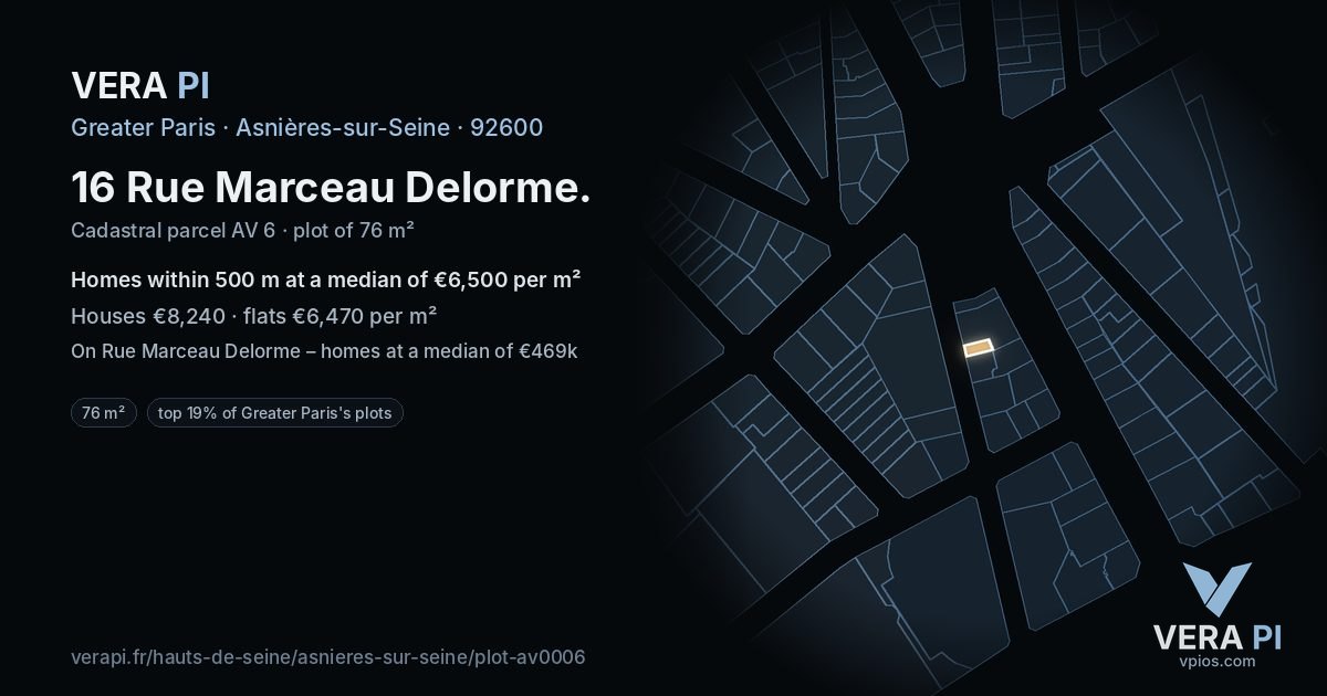 16 Rue Marceau Delorme, Asnières-sur-Seine at night – the plot lit, the parcels around coloured by the prices near them