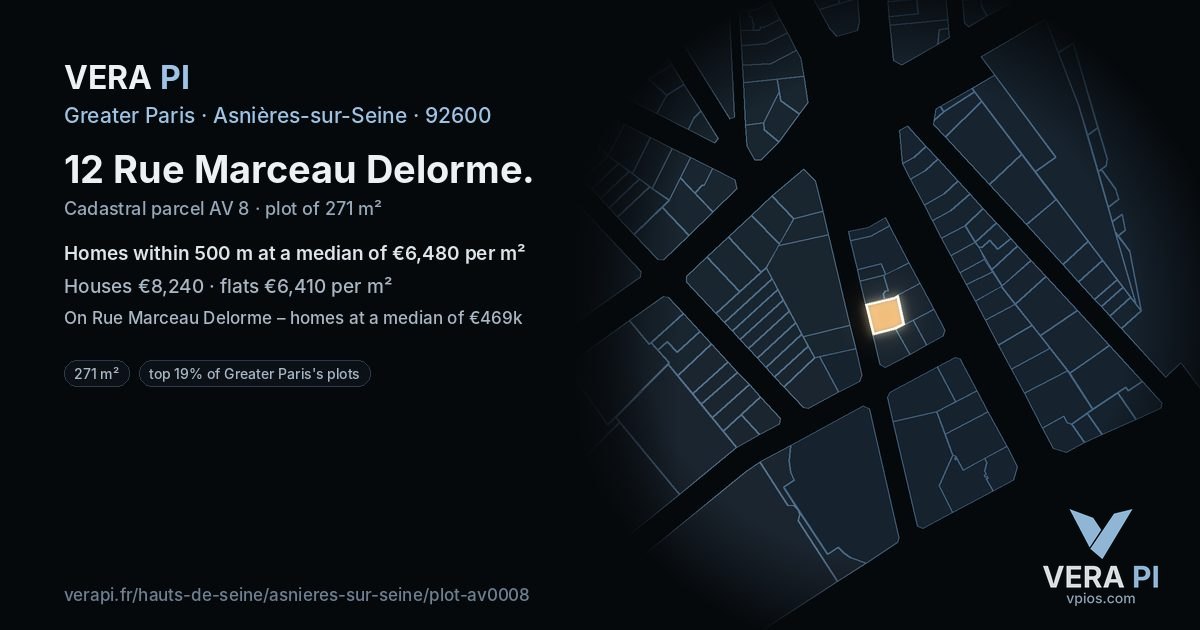 12 Rue Marceau Delorme, Asnières-sur-Seine at night – the plot lit, the parcels around coloured by the prices near them
