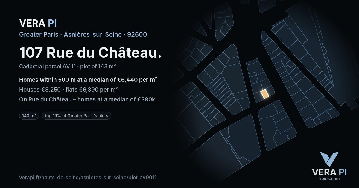 107 Rue du Château, Asnières-sur-Seine at night – the plot lit, the parcels around coloured by the prices near them