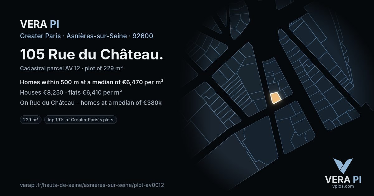 105 Rue du Château, Asnières-sur-Seine at night – the plot lit, the parcels around coloured by the prices near them