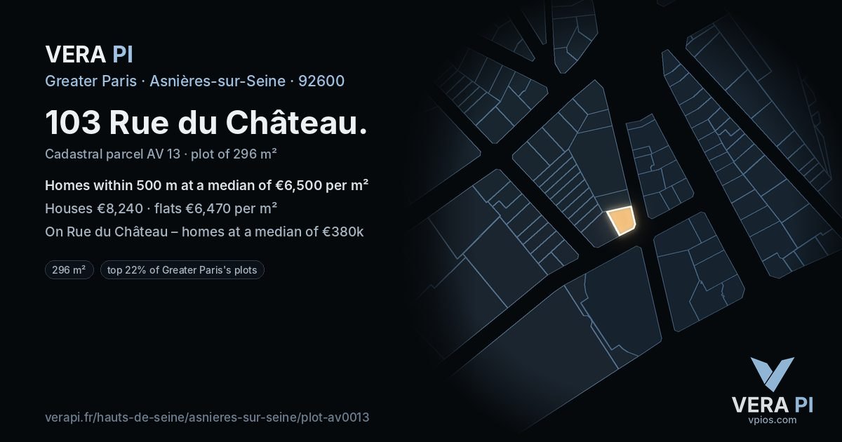 103 Rue du Château, Asnières-sur-Seine at night – the plot lit, the parcels around coloured by the prices near them