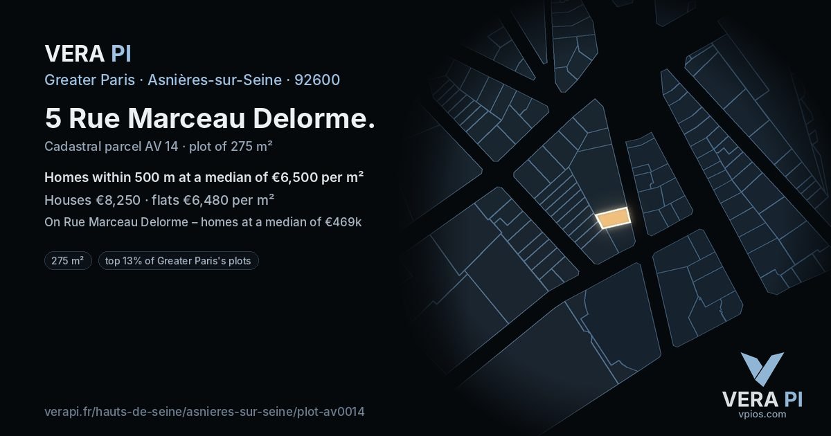 5 Rue Marceau Delorme, Asnières-sur-Seine at night – the plot lit, the parcels around coloured by the prices near them