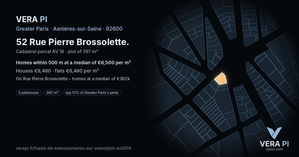52 Rue Pierre Brossolette, Asnières-sur-Seine at night – the plot lit, the parcels around coloured by the prices near them