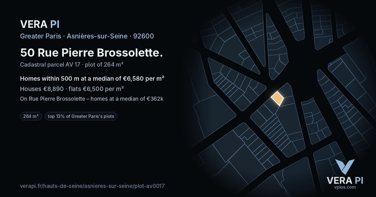 50 Rue Pierre Brossolette, Asnières-sur-Seine at night – the plot lit, the parcels around coloured by the prices near them