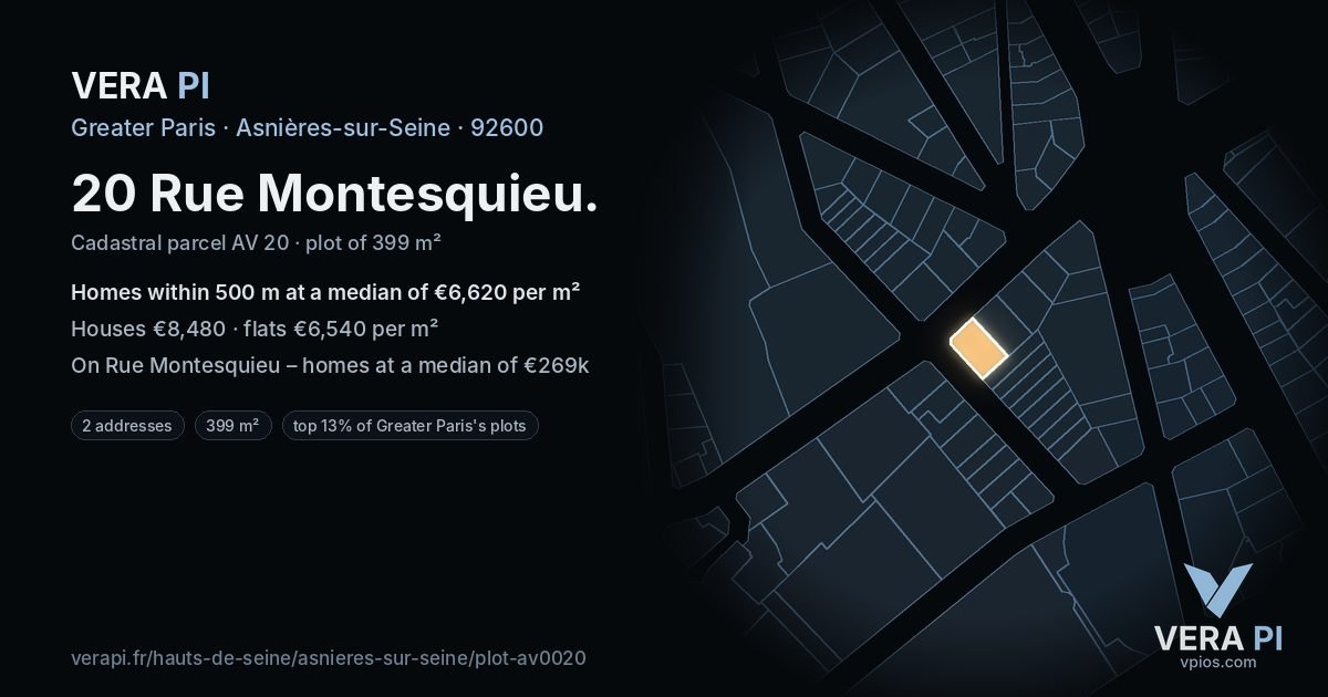 20 Rue Montesquieu, Asnières-sur-Seine at night – the plot lit, the parcels around coloured by the prices near them