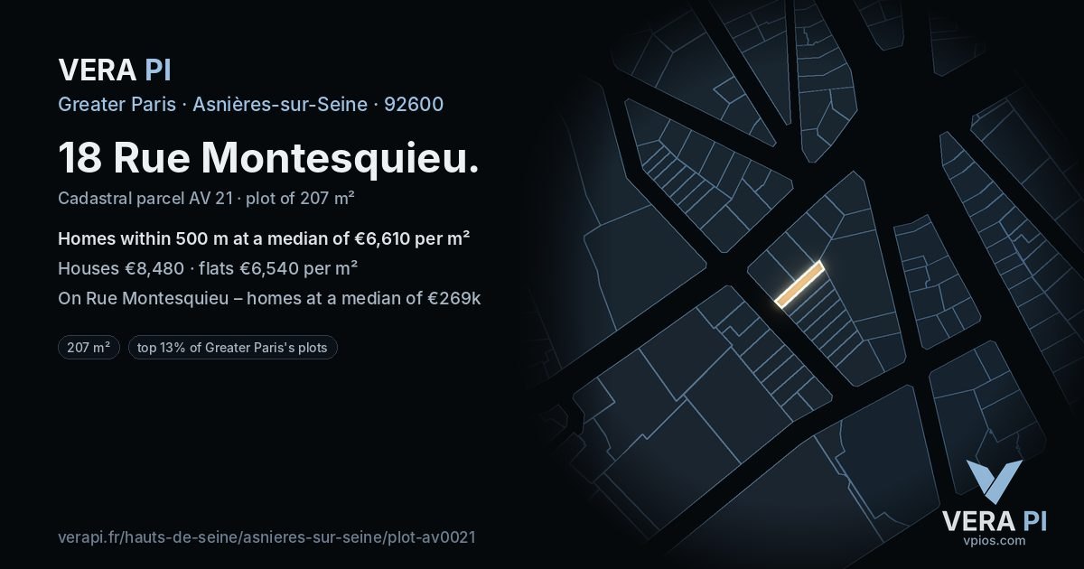 18 Rue Montesquieu, Asnières-sur-Seine at night – the plot lit, the parcels around coloured by the prices near them